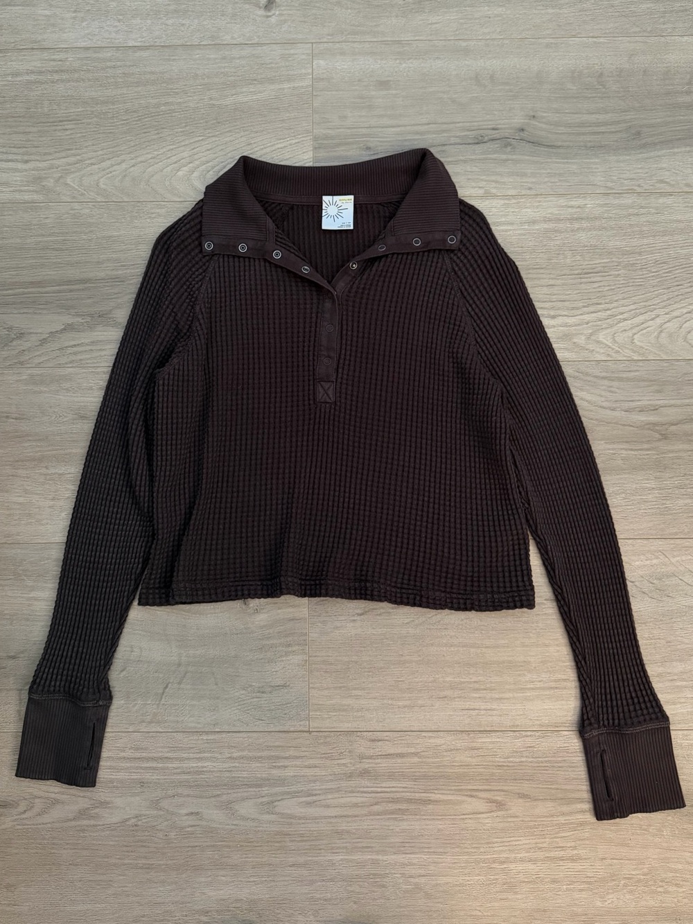 Offline by Aerie Waffle-Knit Snap Polo Brown Sweater